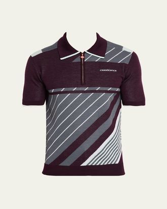 Casablanca Mens Merino Wool Diagonal Knit Quarter-Zip Tennis Polo Shirt