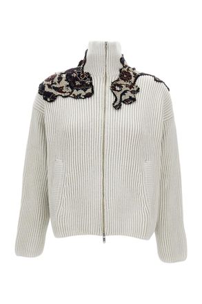 Durazzi Milano Ribbed Weave Wool Bomber Jacket With High Neck And Decorative Appliqu&eacute;s