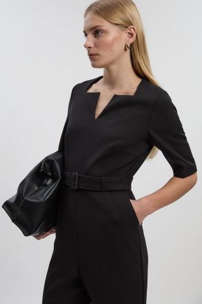 Karen Millen Womens Structured Crepe Forever Notch Neck Belted Tailored Jumpsuit - Black - Size 14 UK