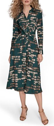 DKNY Abstract Long Sleeve Tie Front Stretch Satin Shirtdress in Hudson/Gol at Nordstrom, Size 14