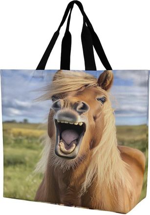 Generic Horse Laughing Reusable Shopping Bags Large Capacity Grocery Bag Heavy Duty Tote for Women 40x40x16cm