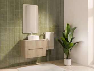 Vente-Unique Mobile bagno sospeso scanalato con lavabo da appoggio rotondo Naturale chiaro 80 cm - ORISO