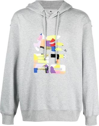 Etro Multikleur Logo Hoodie met Geribbelde Rand - Heren - Hoodies - Grijs - S - Katoen - Hoodies & sweatvesten