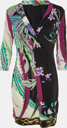 Roberto Cavalli Purple Abstract Floral Print Jersey Knotted Mini Dress