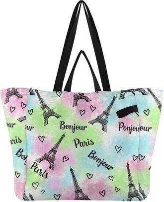 Generic Eiffel Tower Paris Colorful pattern Reusable Canvas Tote Bag, Heavy Duty Grocery Shopping Bag with Large Capacity Hard Bottom Double Handles Work Groc