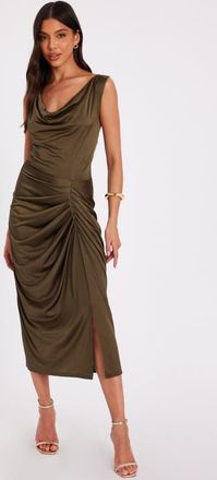 Quiz Disco Cowl Hardware Detail Back Ruched Midi Dress in Khaki at Nordstrom, Size 12