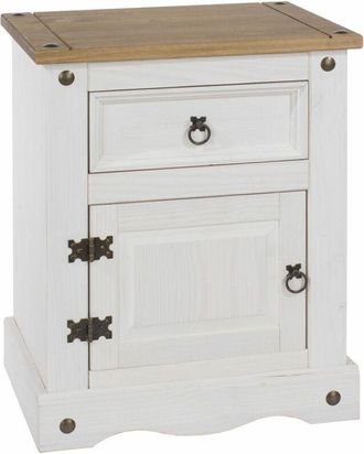 Home Source Industries Home Source - White Corona Solid Pine Bedside Cabinet 1 Door 1 Drawer Night Stand Table Waxed