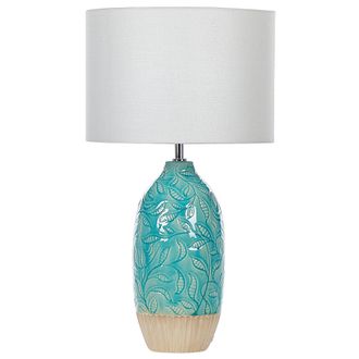 Beliani L&aacute;mpara De Mesa De Base De Cer&aacute;mica Azul Turquesa Pantalla De Tela Blanco Boho R&uacute;stico Ataba