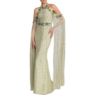 Mac Duggal Embellished Column Gown With Cape Sleeves in Seafoam at Nordstrom, Size 10