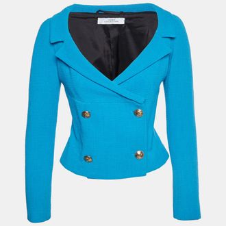 Versace Blue Textured Tweed Cropped Jacket