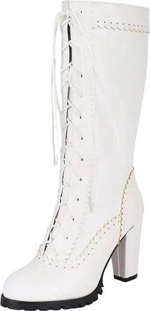 Generic Womens Mid Calf Boots Round Toe Super High Chunky Heel Platform With Side Zipper And Front Lace-Up Detail