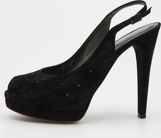 Stuart Weitzman Black Suede Crystal Embellished Platform Slingback Sandals