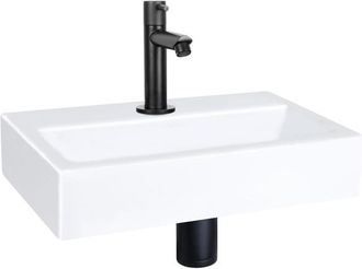 Differnz Flat fonteinset - 38x24x8cm - Rechthoek - 1 kraangat - Recht matte zwarte kraan - Keramiek Wit