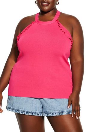 City Chic Ruffle Trim Knit Halter Top in Vibrant Pink at Nordstrom, Size Xl