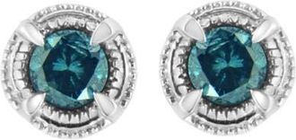 House of Brilliance Silver 1 1/2 Ct Blue Diamond Solitaire Milgrain Stud Earrings at Nordstrom