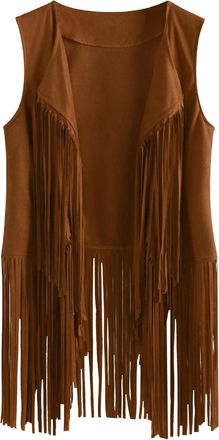 Feoya Womens Hippie 70s Fringe Trim Vest Jackets Faux Suede Tassels Open Front Vest Cardigans Cowgirl Woodstock Party Kaki