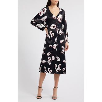 BOSS Diesha Long Sleeve Satin A-Line Dress in Black Tulip Fantasy at Nordstrom Rack, Size 14