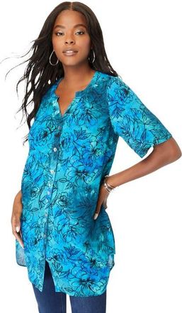 Roaman's Plus Size Angelina Crinkle Crepe Y-Neck Short Sleeve Tunic in Deep Turquoise Tie Dye Floral at Nordstrom, Size 34