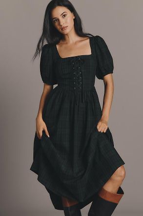 Moon River Short-Sleeve Square-Neck Lace-Up Midi Dress