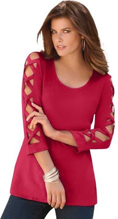 Roaman's Plus Size Ultimate Lattice Sleeve Tee in Classic Red at Nordstrom, Size 28