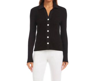 Karen Kane Raveen Ribbed Long Sleeve Button Front Top In Black