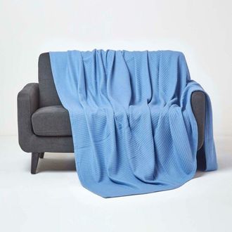 Homescapes Homescapes - Organic Cotton Waffle Blanket/ Throw Blue, 280 x 230 cm