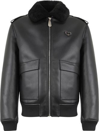 Philipp Plein Eco Shearling Aviator Jacket - Heren - Jassen - Zwart - L - Leer - Jassen
