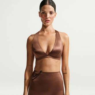 Nike Womens SKIMS Satin Shine Halter Bra in Brown | IR8691-263