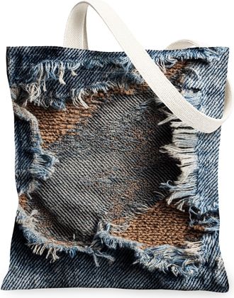 Generic Denim Canvas Tote Bags, Distressed Vintage Casual Reusable Grocery Bags, Summer Bohemian Lightweight Washable Shoulder Stra, Denim, 13x15 Inch