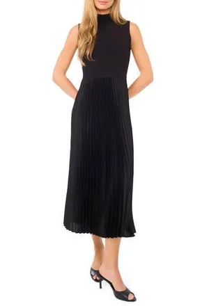 Halogen Mixed Media Sleeveless Midi Dress in Rich Black at Nordstrom Rack, Size Medium