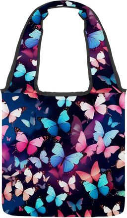 Generic Colorful Art Butterfly Reversible Canvas Shoulder Tote - Double-Sided Print, 12oz Cotton, 27cm Drop, Fold-Flat Bag for Travel, Shopping, Street Outing