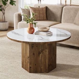 Tribesigns Tribesigns Round Coffee Table with Sintered Stone Top and Solid Wood Base, 31.5-Inch White Circle Center Cocktail Table for Small Space, Living Room