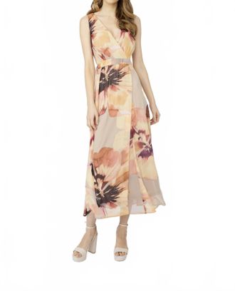 Frank Lyman Design Floral Sleeveless Wrap Dress In Butter/pink