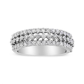 House of Brilliance 14K White Gold 1.0 Cttw Prong Set Round Diamond Split Shank Three Row Band Ring
