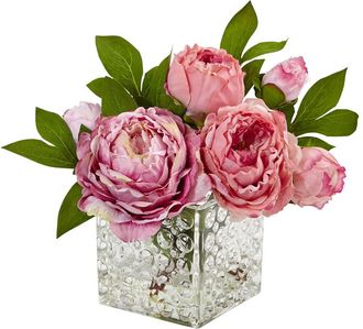 Nearly Natural Peony In Glass Vase