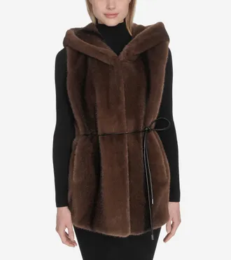 Cole Haan Womens Faux Mink Belted Vest - Brown Size Medium