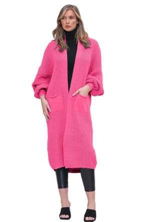 Generic Womens Knit Balloon Sleeve Maxi Boyfriend Cardigan, Ladies Long Knitted Puff Sleeve 2-Pocket Open Front Sweater (Fuchsia, One Size)