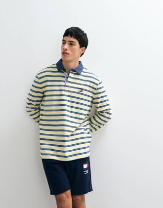 Tommy Jeans Camicia stile rugby giallo/blu a righe con stemma del logo