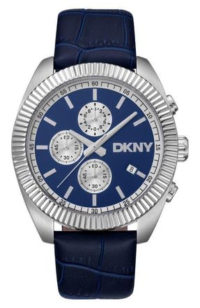 DKNY Chronograph Leather Strap Watch, 42mm in Dark Blue at Nordstrom