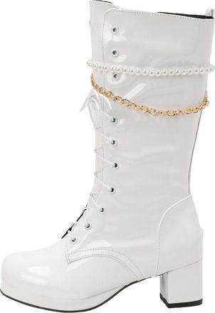 Generic Winter Ladies Fashion Pearl Beaded Tassel Decorated Chunky High Heel Leather Mid Calf Boots in Candy Colors for Big Sizes (White, 4. 5)