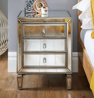 Furniturebox Venice Contemporary 3 Drawer Silver Framed Mirrored Bedside TableWith Crystaline Shaped Handles