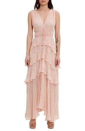 Maje Rufflinette Metallic Tiered Ruffle Maxi Dress in Pink at Nordstrom Rack, Size 10 Us / 42 Fr
