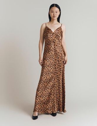 Ghost London Eden Leopard Satin Maxi Slip Dress in Leopard Print at Nordstrom, Size 12