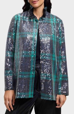 Foxcroft Carolina Plaid Sequin Shirt Jacket in Navy Blue/Multi at Nordstrom, Size X-Large