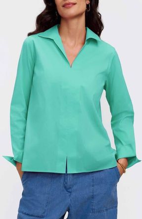 Foxcroft Agnes Split Cuff Popover Blouse in Biscay Green at Nordstrom, Size X-Large