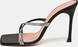Amina Muaddi Black Satin Crystal Embellished Crisscross Adriana Slide Sandals