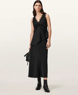 AllSaints Polyester Darya Bias Cut Maxi Skirt, Size: UK 14/US 10