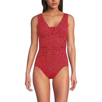 Lands End D-Cup Slender Grecian Tummy Control Chlorine Resistant One Piece Swimsuit in Red Mini Dot at Nordstrom, Size 16
