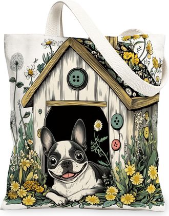 Generic Spring Boston Terrier Dog Canvas Tote Bag for Shopping 13x15, Fun Flower Puppy Kennel Reusable Grocery Print Pattern Bag for Women, Cute Pet Beach Aes