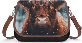 Generic Highland Cow Snowy Day Crossbody Bag Womens Handbag PU Message Bags Shoulder Purse with Adjustable Strap